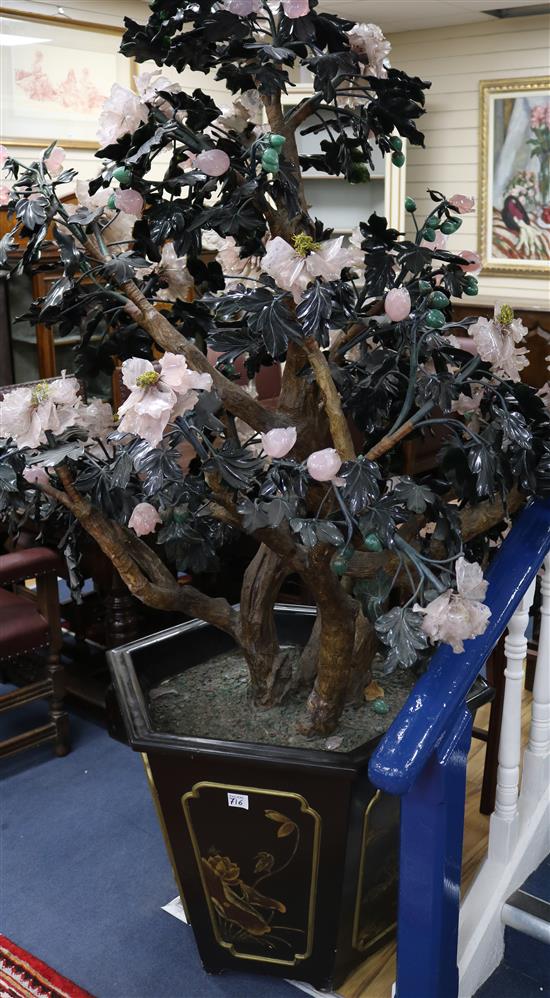 A massive pair of Chinese hardstone mounted models of trees in lacquer jardineres, late 20th century H.210cm approx
